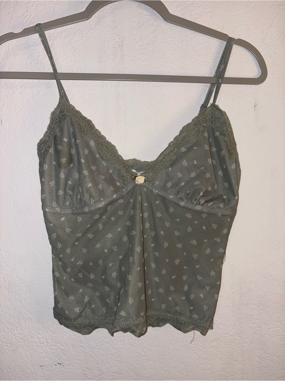 Pink Republic Olive Green Floral Lace-Trim Camisole